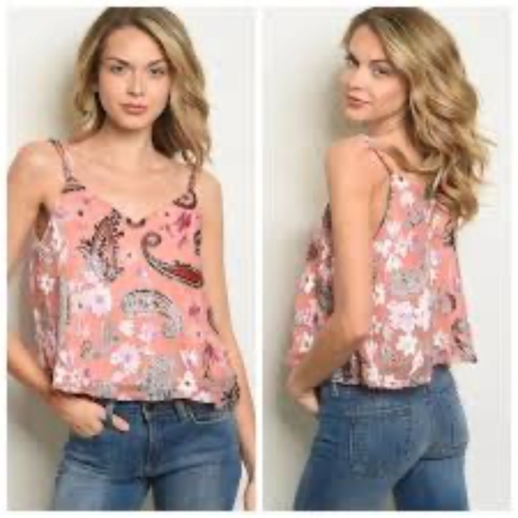 PEACH LOVE CALIFORNIA Cropped String Pink Tank Top Boho Floral / Size Large - Picture 4 of 13